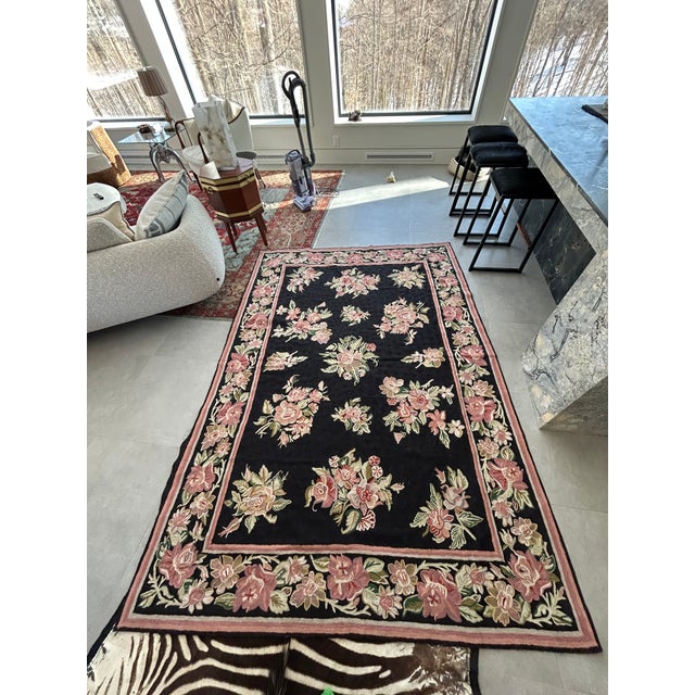 1950s Hand Knotted Area Rug With Soft Pink & Green Flowers Against Black For Sale - Image 5 of 13