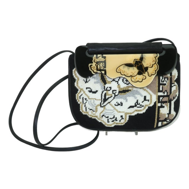 Moon Bags by Patricia Smith Needlepoint Leather & Hand Painted Lacquer Wood Handbag For Sale