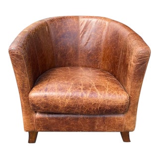 Saddle Brown Leather Barrel Back Club Chair For Sale