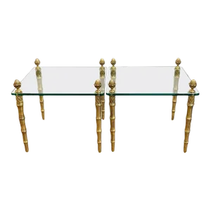 20th Century Gilt Metal Faux Bamboo & Glass Square End Tables - a Pair