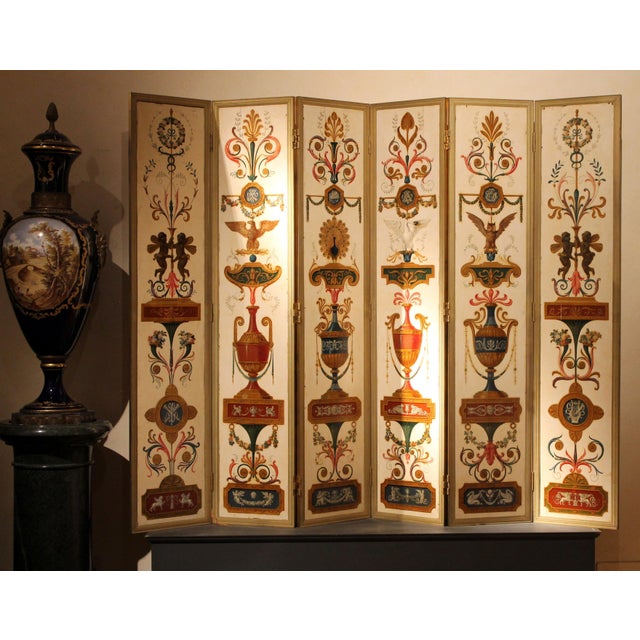19th Century Italian Six-Panel Painted Wood Folding Screen in Gilt Bronze Frame For Sale - Image 5 of 16