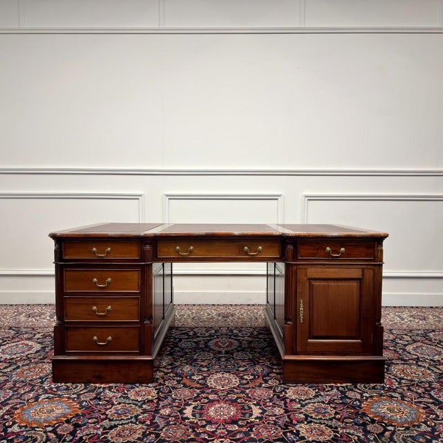 English Partner Desk with Burgundy Leather Top For Sale - Image 3 of 18