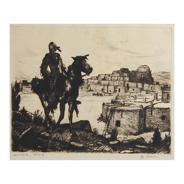 Vintage Early 20th Century Horseman at Adobe Village Etching For Sale