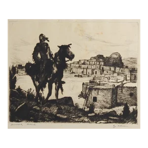 Vintage Early 20th Century Horseman at Adobe Village Etching