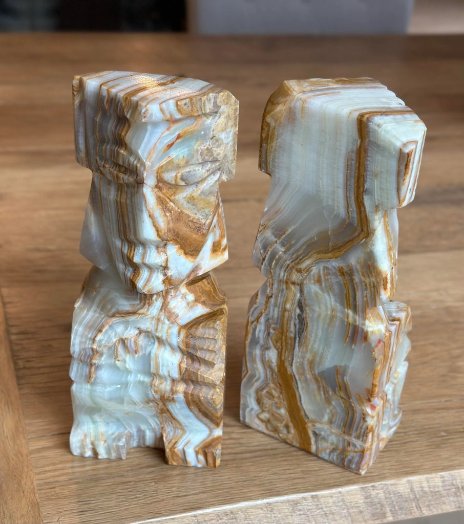 Carved Onyx Stone Book Matched Bookends Aztec Decor Large  GORGEOUS Pair of Solid Onyx Hawaiian Tiki Totem Aztec Mayan Carved Bookends. main image 0