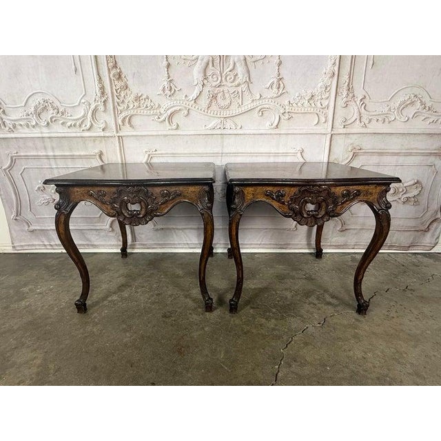 Wood Pair of Louis XV Side Tables, Burl Walnut, Hand-Carved, Circa 1920s For Sale - Image 7 of 18