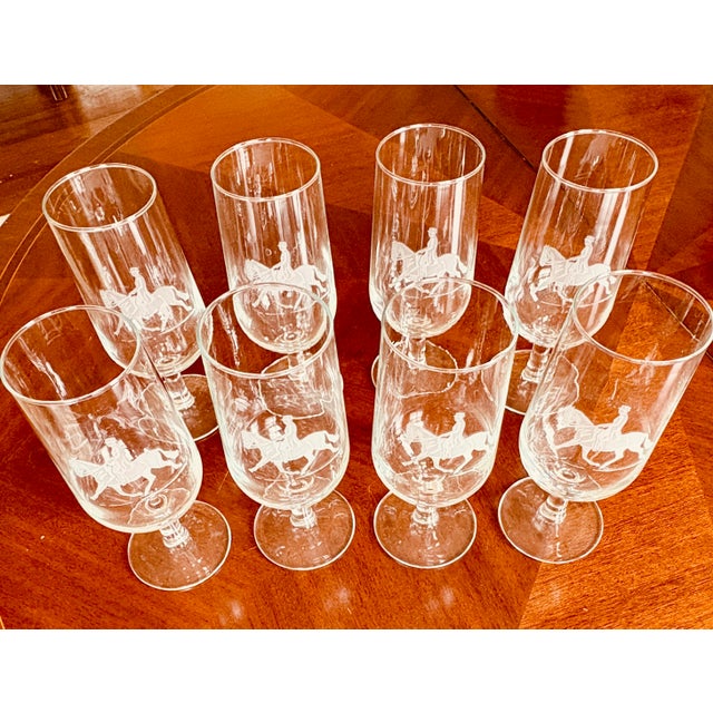 French Vintage French Equestrian Horse & Rider Stemmed Glasses, Set of 8 For Sale - Image 3 of 8