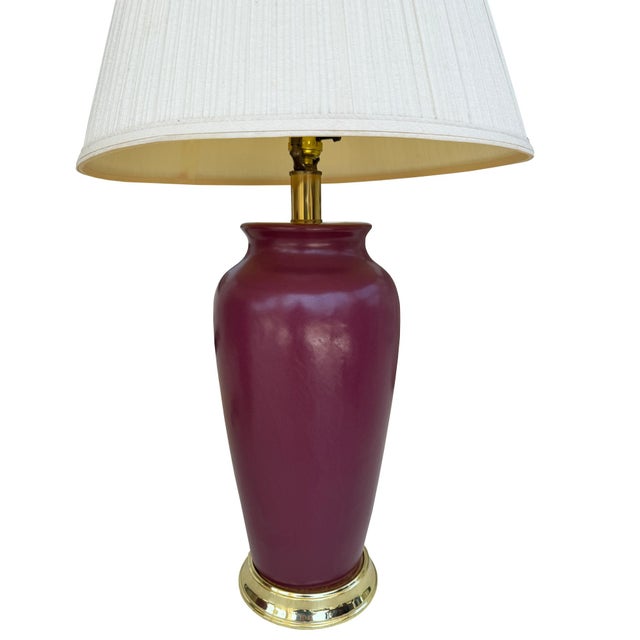 Vintage Sang De Boeuf Oxblood Glazed Ceramic and Brass Table Lamps With Shades - a Pair For Sale - Image 4 of 10