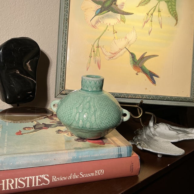 Celadon Mid 20th Century Modern Celadon Crackle Glaze Double Handle Vase – Sculptural Studio Pottery For Sale - Image 8 of 8