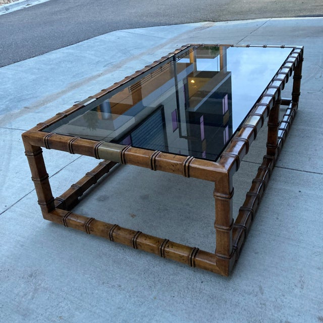 Drexel Heritage Mid 20th Century Drexel Faux Bamboo Brass & Smoked Glass In-Set Coffee Table For Sale - Image 4 of 13