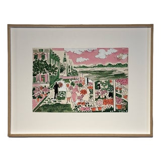 Thérèse Hummel, The Flower Market, Watercolor, 20th Century For Sale