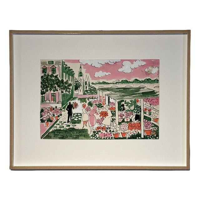 Thérèse Hummel, The Flower Market, Watercolor, 20th Century For Sale