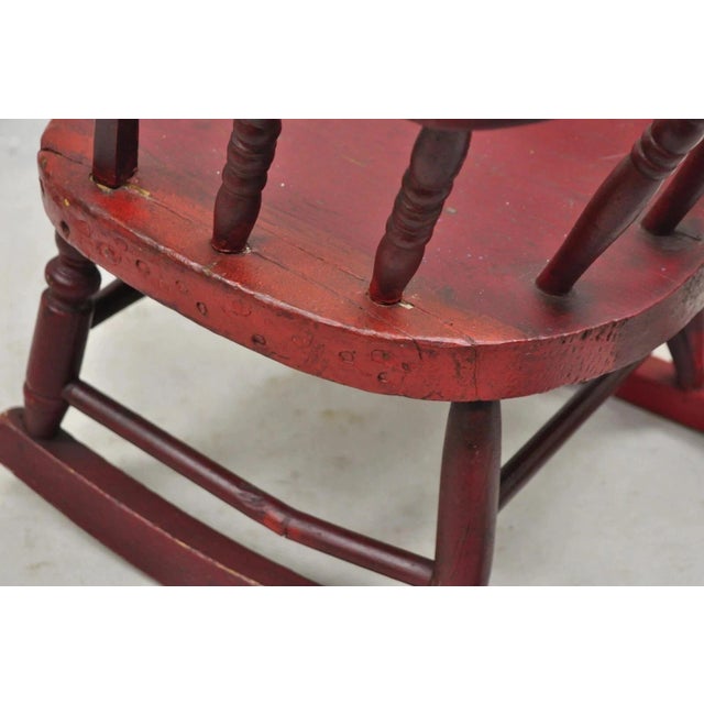 Antique American Primitive Spindle Back Small Child's Rocker Rocking Chair For Sale - Image 9 of 12