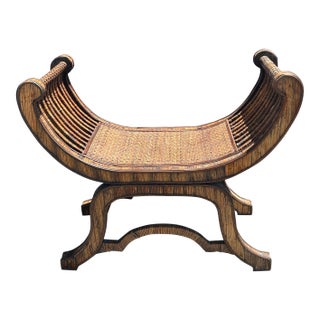 Vintage Rattan and Grasscloth Egyptian Style Bench. For Sale