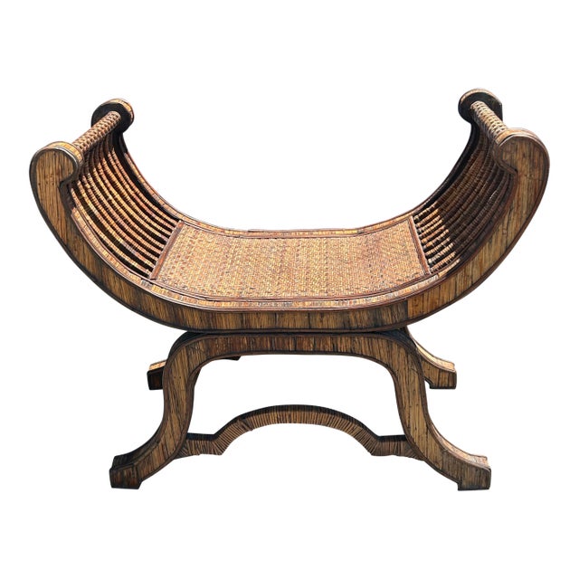 Vintage Rattan and Grasscloth Egyptian Style Bench. For Sale