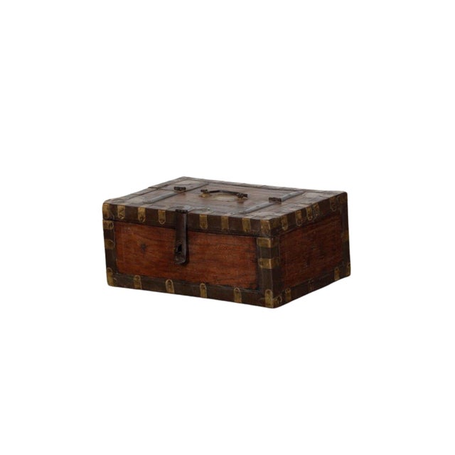 Antique Indian Teakwood Brass and Iron Strapped Small Chest For Sale - Image 4 of 4