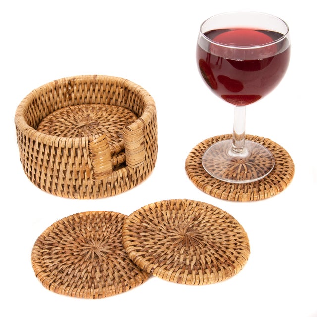 Artifacts Rattan 6-Piece Round Coaster Set With Box For Sale - Image 4 of 5