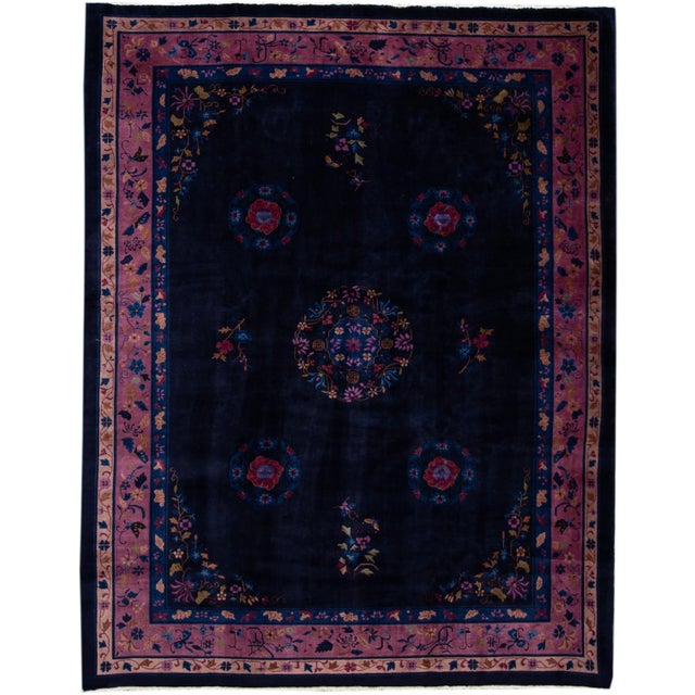 Antique Art Deco Dark Indigo Chinese Wool Rug 9 Ft X 11 Ft 10 In. For Sale - Image 13 of 13