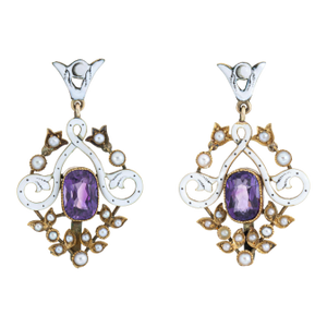 Antique Edwardian Earrings Amethyst White Enamel 14k Yellow Gold 1.5" Drops, A Pair