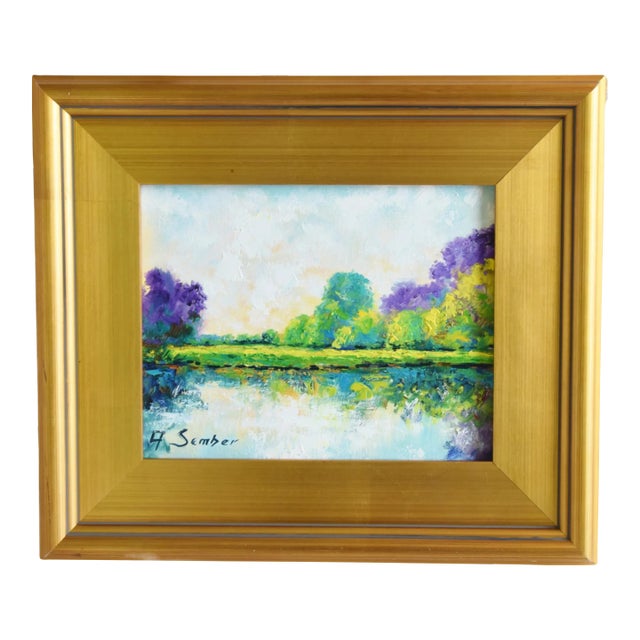 Serene Impressionist Lake & Landscape Oil Painting Including the Antiqued Gold Wood Frame For Sale