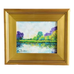Serene Impressionist Lake & Landscape Oil Painting Including the Antiqued Gold Wood Frame