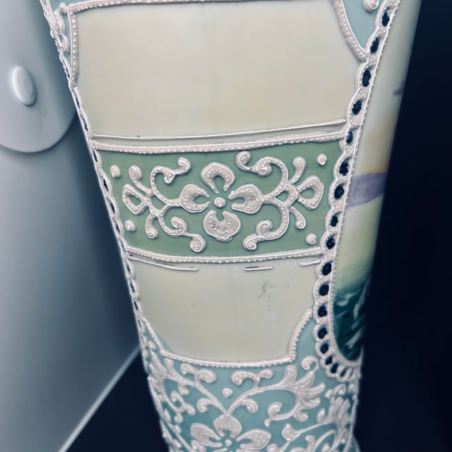 Antique Nippon Hand Painted Moriage Scenic Crane Vase Pair – 13” – Japan For Sale - Image 4 of 12