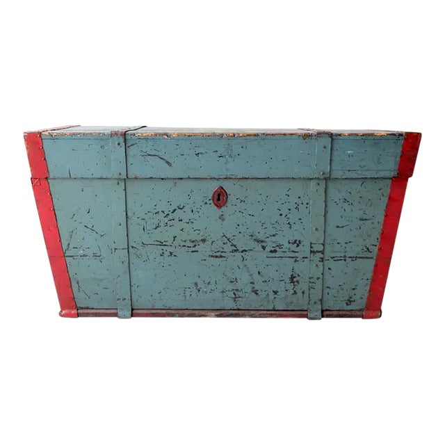Antique Blue Hand-Painted Wood Trunk For Sale