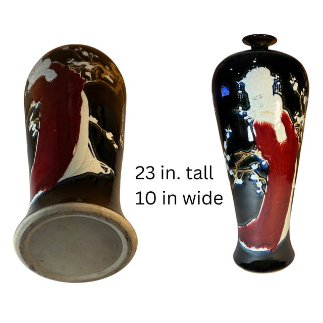 Vintage 23 In. Tall Black Porcelain Palace Vase Lady Courtesan in Enamel Relief For Sale - Image 18 of 18