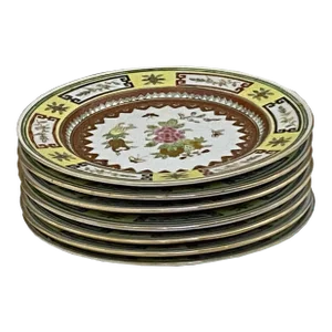 Set of 6 Vintage Chinese Off White Porcelain Yellow Flowers Oval Plate