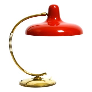 Large Mid-Century Modern Brass Table Lamp with Red Metal Shade, 1950s For Sale