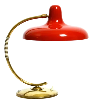 Large Mid-Century Modern Brass Table Lamp with Red Metal Shade, 1950s