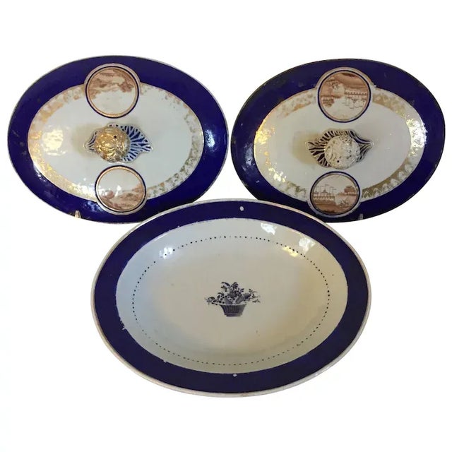 1810 Antique Chinese Export Porcelain Entree Serving Dish Painted with Sepia Landscapes - 3 Pieces For Sale - Image 12 of 12