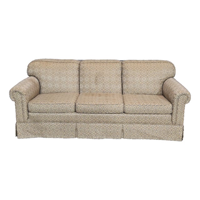 Late 20th Century Baker Furniture Rolled Arm Sofa Three Cushions Skirted Base Blue and Gold Fabric For Sale