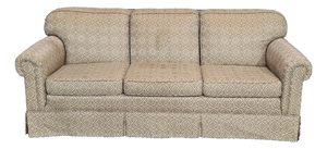 Late 20th Century Baker Furniture Rolled Arm Sofa Three Cushions Skirted Base Blue and Gold Fabric
