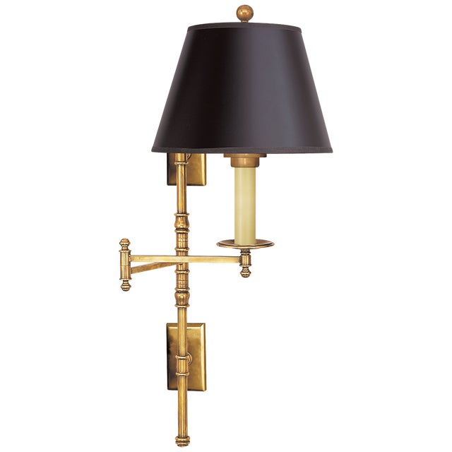 Chapman & Myers for Visual Comfort Signature Dorchester Double Backplate Swing Arm in Antique-Burnished Brass with Black Paper Shade For Sale