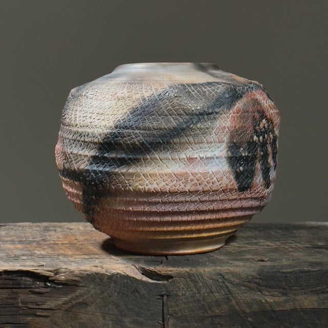 Vintage Postmodern Raku Fired Crackle Skin Ceramic Vessel, Signed. Hand built ceramic vessel with a crackle skin treatment...