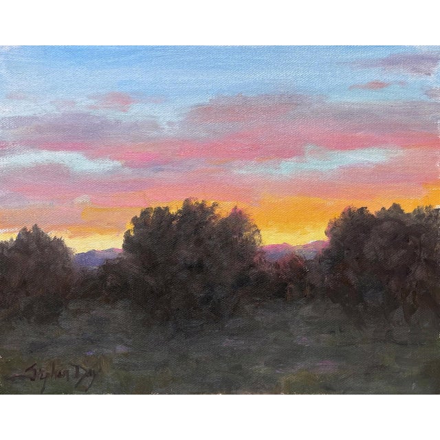 High Valley Sunrise by Stephen Day | Oil on Panel Landscape with sunrise over hills and trees For Sale