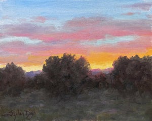 High Valley Sunrise by Stephen Day | Oil on Panel Landscape with sunrise over hills and trees