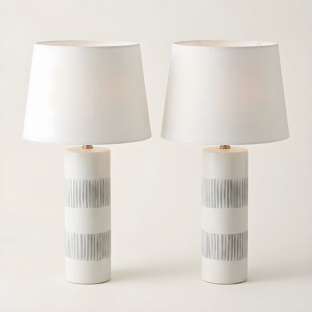Pair of vintage ceramic striped lamps with white shades. 5”x26”