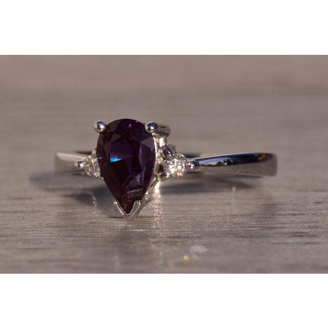 The 133rd Avenue: Pear Shaped Lab Alexandrite and Natural Diamond Ring in White Gold For Sale - Image 4 of 10