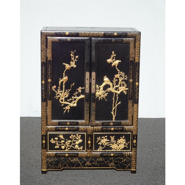 Chinese Vintage Oriental Chinese Chinoiserie Black Lacquer Cabinet W Drawers 2of2 For Sale - Image 3 of 18