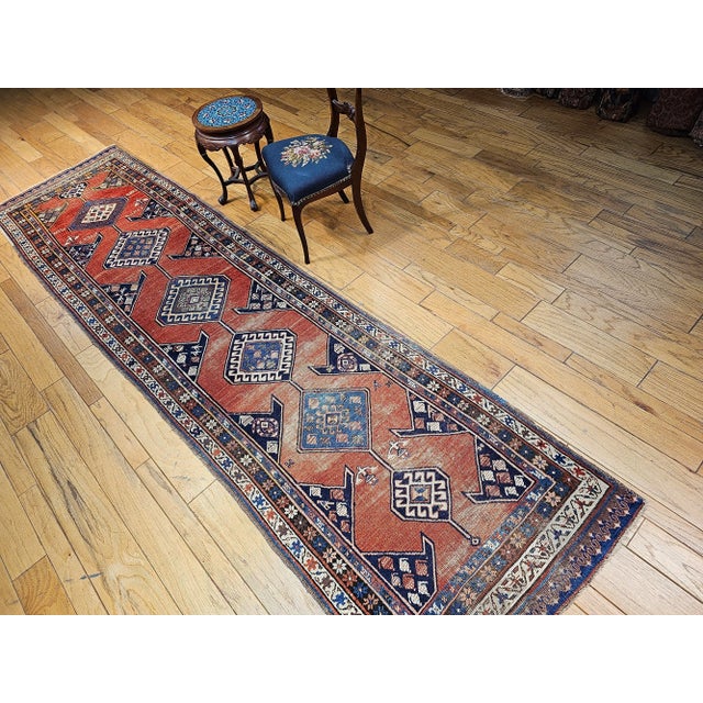 Antique Persian Kurdish Bidjar Runner, Handwoven Geometric Pattern, Terracotta & Navy, 3’ X 13’ For Sale - Image 14 of 18