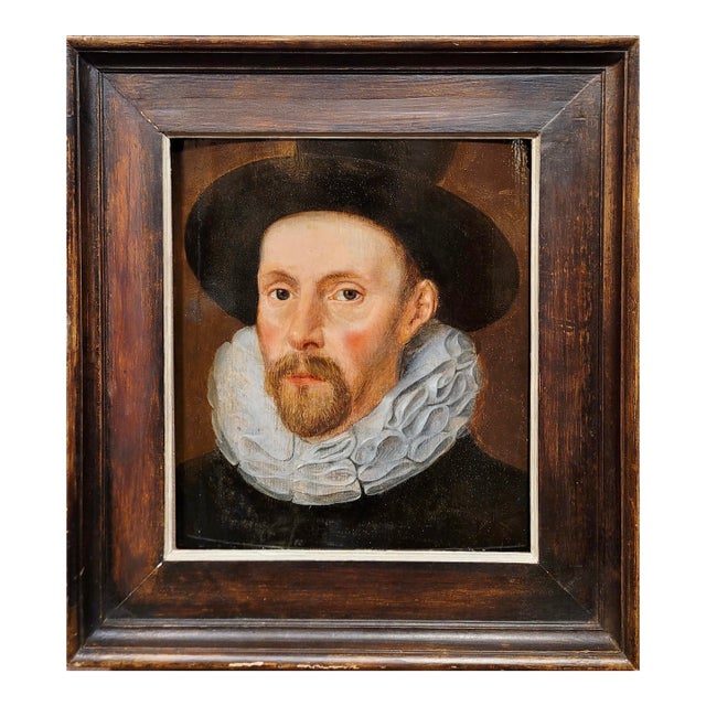 17th Century Flemish School-Portrait of a Dutch Man W/Ruff Collar & Black Hat- Oil Painting For Sale