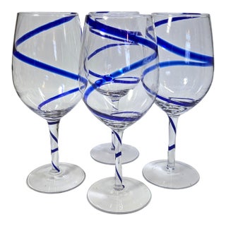 Vintage Wine Glasses Glass Blue White Swirl Chinoiserie Jumbo Cobalt Ribbon Goblet - Set of 4 For Sale