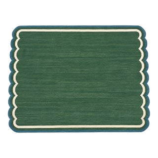 Handmade Cotton Flat Weave Area Rug, Forest Green and Teal Blue Scalloped Dhurrie - 4'x6' For Sale