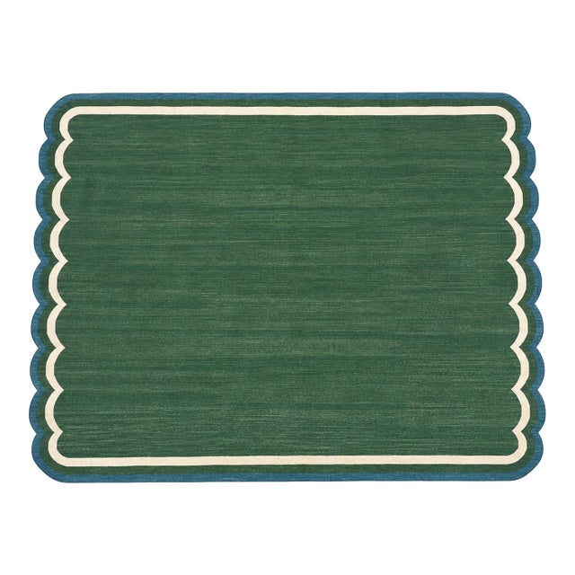 Handmade Cotton Flat Weave Area Rug, Forest Green and Teal Blue Scalloped Dhurrie - 4'x6' For Sale