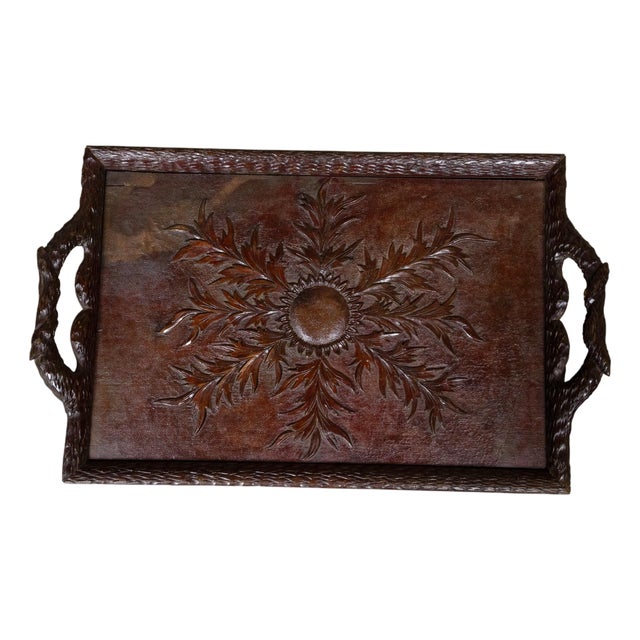 Black Forest Oak Tray with Foliate Carving and Branch Handles, circa 1880 For Sale