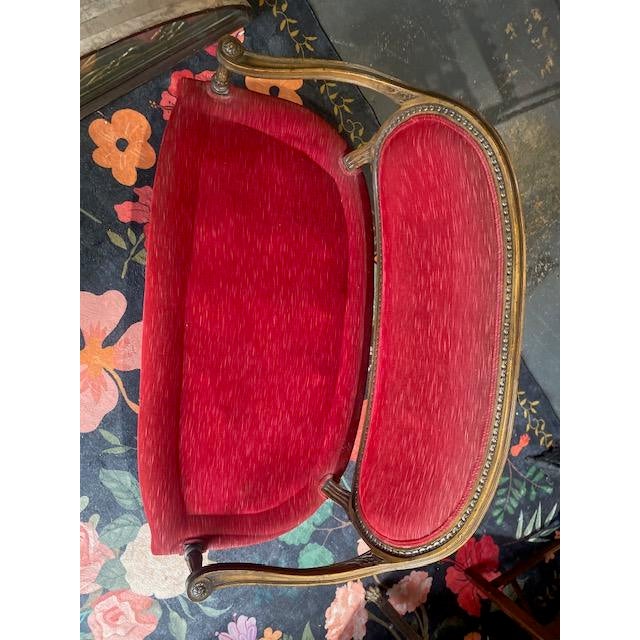 Ruby Red French Antique Louis XVI Style Settee 19th Century Custom Plush Red Velvet For Sale - Image 8 of 12
