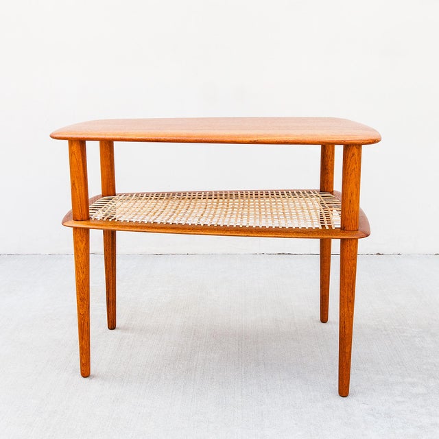 France & Daverkosen 1950s Danish Modern Solid Teak & Cane "Minerva" Side Table Attributed to Hvidt & Molgaard-Nielsen For Sale - Image 4 of 15