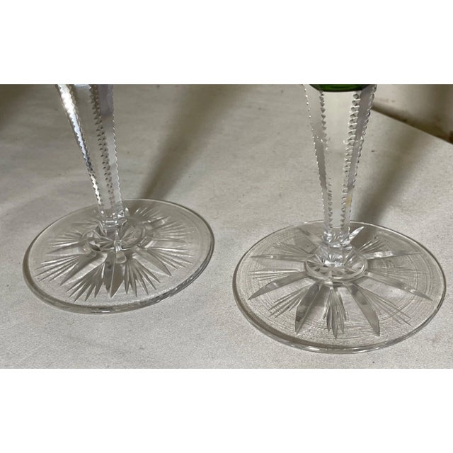 1970s 4 Hand Cut to Clear Crystal Green Glass Cordials Wine Champagne Glasses Goblet For Sale - Image 11 of 12
